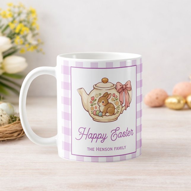 Personlig påskharen tekanna gingham familj kaffemugg (Skapare uppladdad)