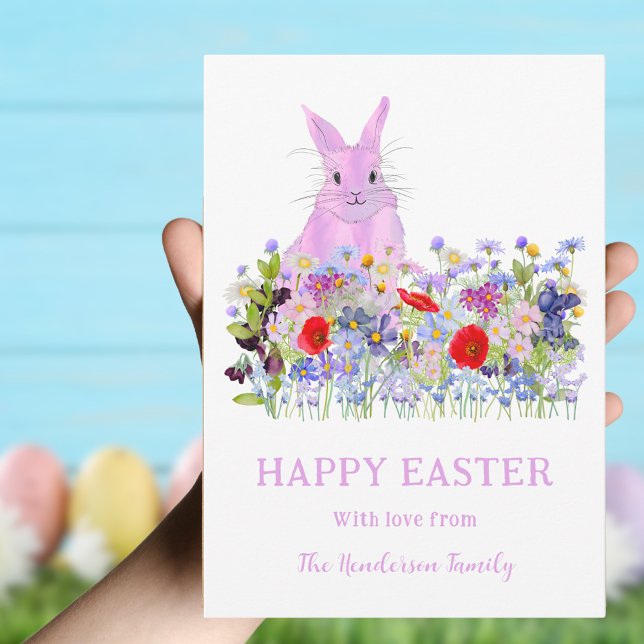 Personlig Påskharen Vattenfärg Vildblomma Julkort (Happy Easter pink bunny and colorful wildflowers personalized flat holiday card)