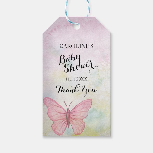 Personlig Pastel Butterfly Rosa Baby Shower Presentetikett (Framsidan)