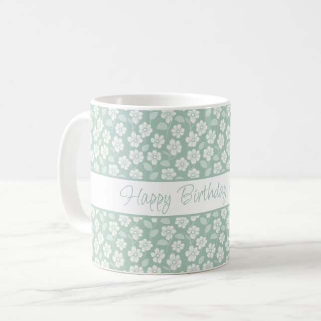 Personlig Pastel Grönt Mint White Boho-Blommigtar Kaffemugg (Framsida vänster)
