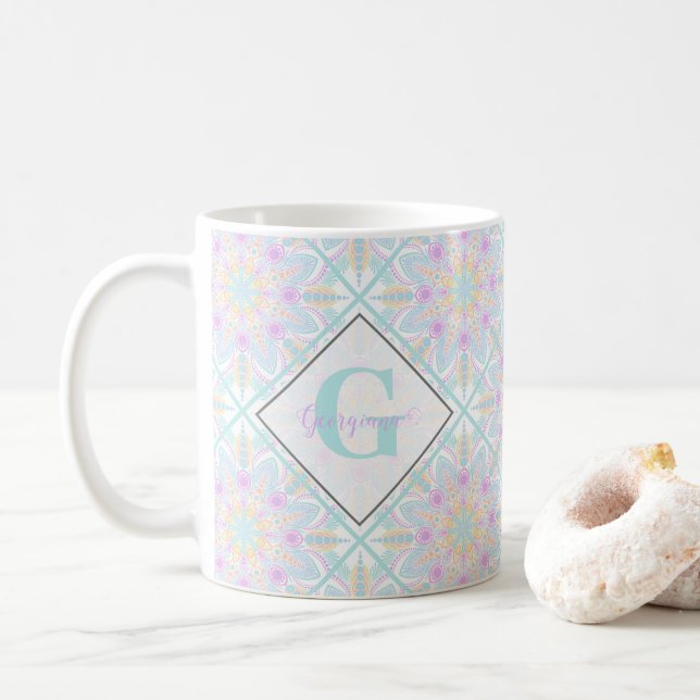Personlig Pastel Rainbow Blommigt Mandala Tiled Kaffemugg (Med munk)