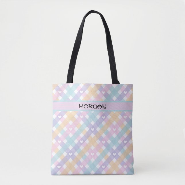 Personlig Pastel Rainbow Gingham Mönster Tote Tygkasse (Framsida)