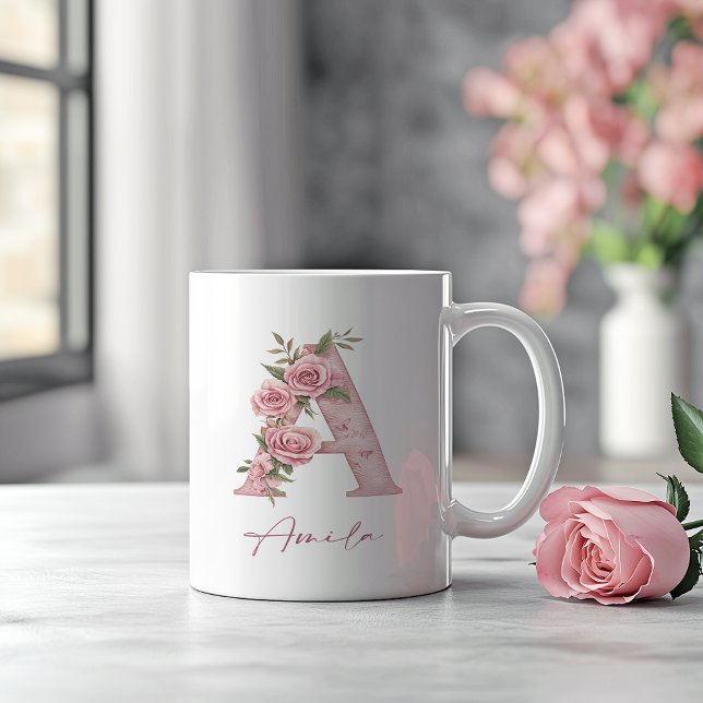 Personlig Pastel Rosa Blommigt Monogram Brev A Kaffemugg (Skapare uppladdad)
