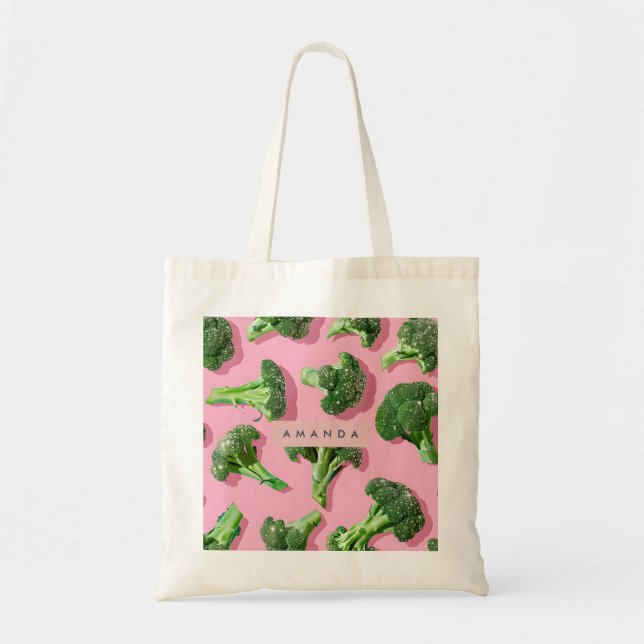Personlig Pastell Glitter Grön Broccoli Tygkasse (Framsidan)