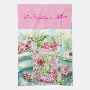 Personlig Pastell Rosa & Grön Julköket Kökshandduk