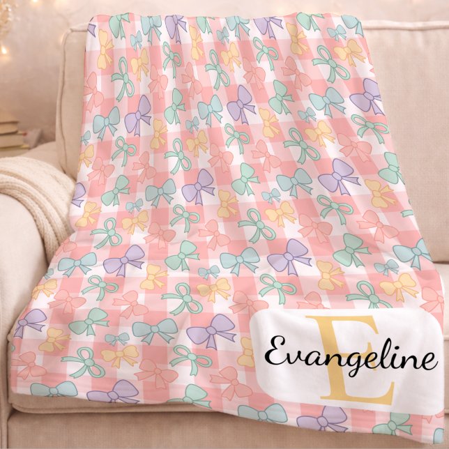 Personlig Pastellbåge Estetik Rosa Gingham Fleecefilt (Skapare uppladdad)