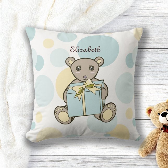 Personlig Pastellblå Gul Söt Teddygubbe Kudde (Skapare uppladdad)