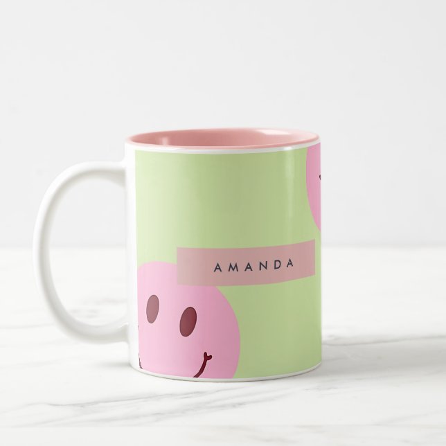 Personlig Pastellgrön & Rosa Glad Smiley Ansikte Två-Tonad Mugg (Vänster)