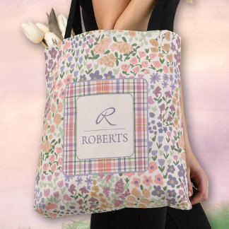 Personlig patchwork blommig och rutig toteväska tygkasse
