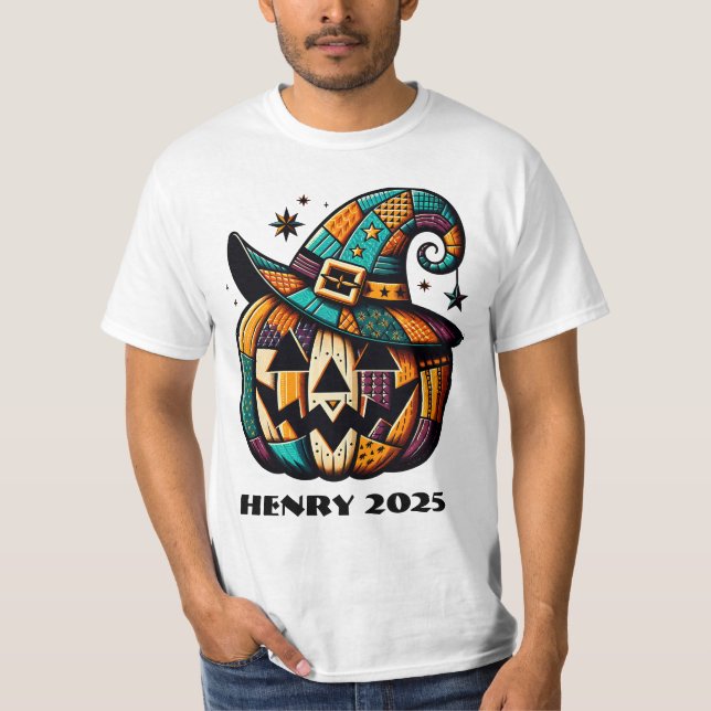 Personlig Patchwork Pumpk Halloween T Shirt (Framsida)