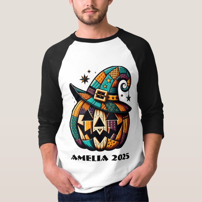Personlig Patchwork Pumpk Halloween T Shirt (Framsida)