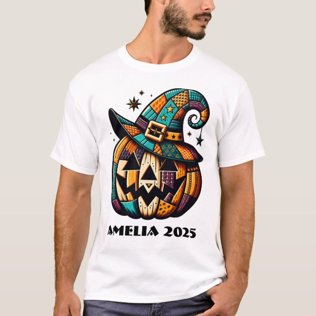 Personlig Patchwork Pumpk Halloween T Shirt (Framsida)