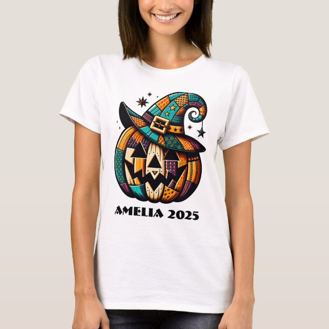 Personlig Patchwork Pumpkin Halloween T-shirt (Framsida)
