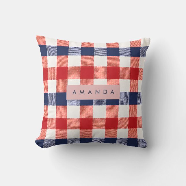 Personlig patriotisk röd, vit och blå gingham kudde (Framsida)