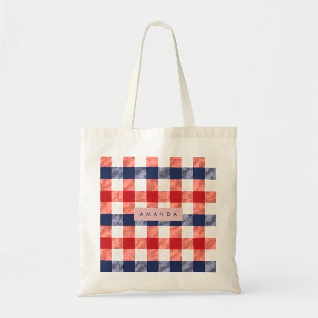Personlig patriotisk röd, vit och blå gingham tygkasse (Framsidan)
