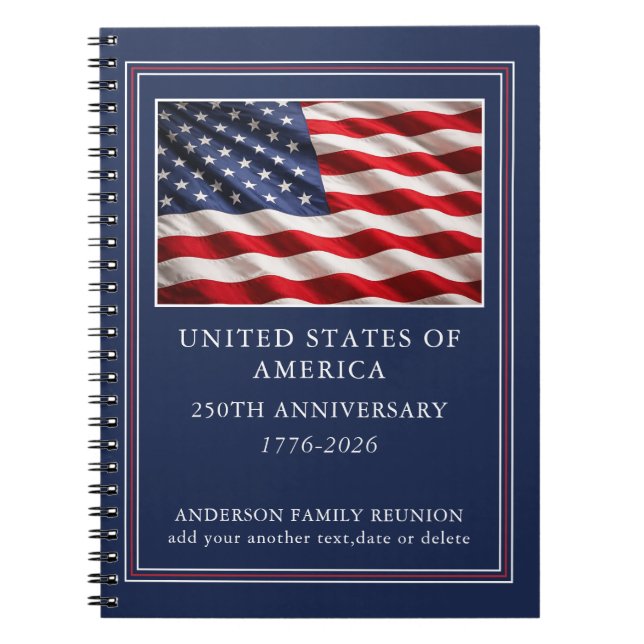 Personlig patriotisk USA 250-årsjubileum Anteckningsbok (Framsidan)