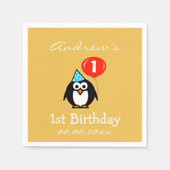 Personlig penguin 1:a födelsedag party blöjor pappersservett (Framsidan)