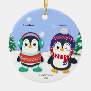 Personlig Penguin Boy and Girl Snö Scene Julgransprydnad Keramik