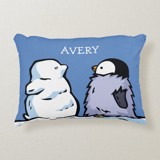 Personlig Penguin Chick Snö Nursery Pillow Prydnadskudde (Framsidan)