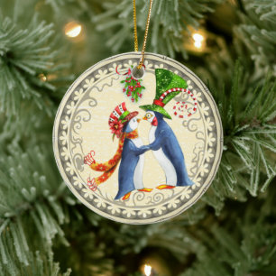 Personlig Penguin Couple Mistletoe jul Julgransprydnad Keramik
