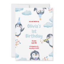 Personlig Penguin Födelsedagsinbjudan