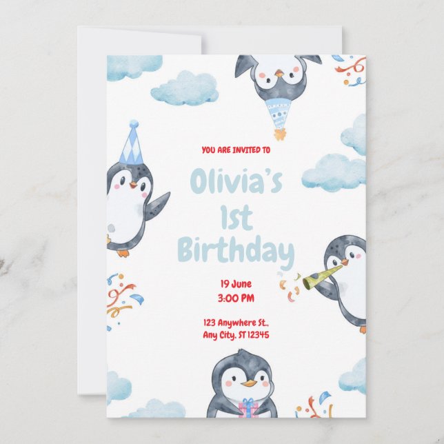 Personlig Penguin Födelsedagsinbjudan Inbjudningar (Framsida)