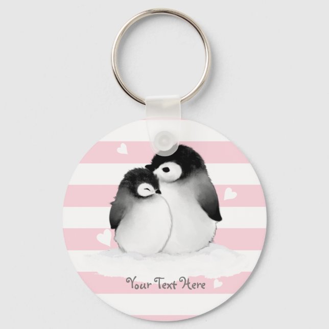Personlig Penguin Heart Button Keychain Rosa Nyckelring (Framsida)
