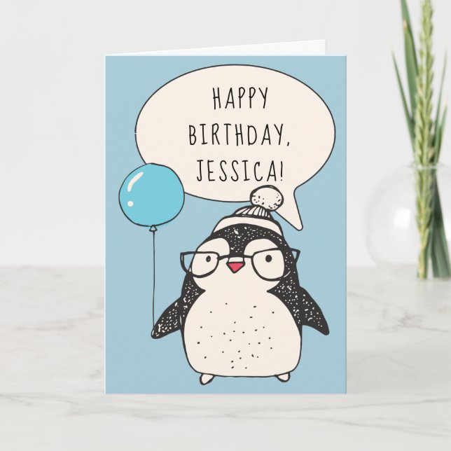 Personlig Penguin med Blue Balloon Birthday Kort (Framsida)