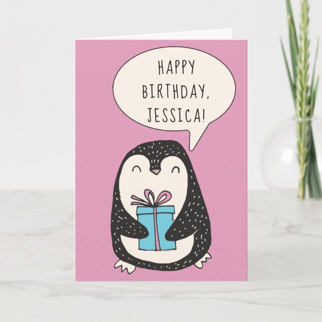 Personlig Penguin med en Wrapped Gift Birthday Kort (Framsida)