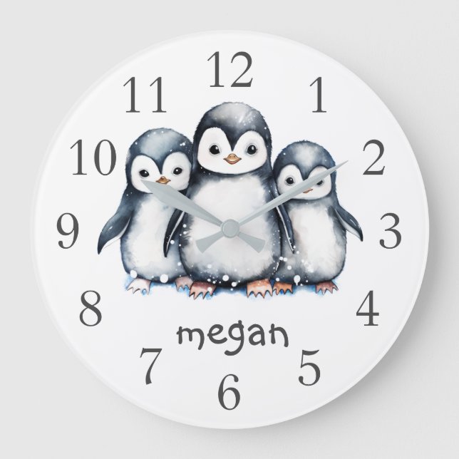 Personlig Penguins Nursery Wall Clock Stor Klocka (Framsida)