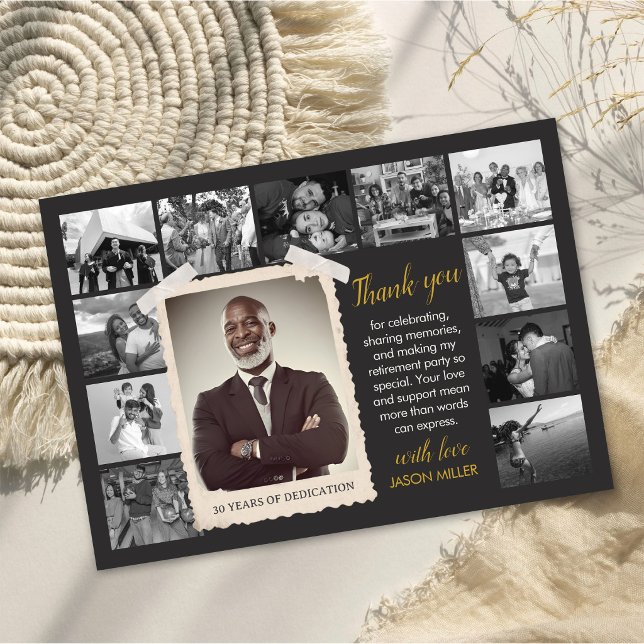 Personlig pensionskort, Retro fotokollage Tack Kort (Custom Retirement Favor Card, Retro Photo Collage Thank You Card)