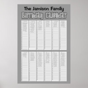 Personlig Perpetual Birthday Calendar Poster