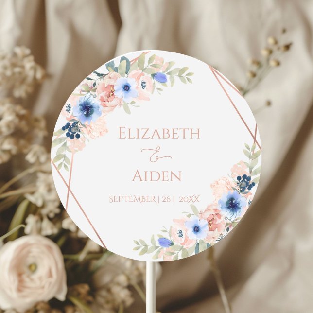 Personlig Persikofärgad blå Grått Runt Klistermärke (Personalized Peach Blue Wedding Classic Round Sticker with your name and date)