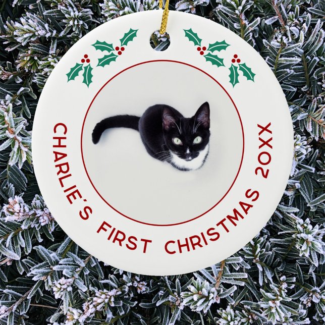 Personlig Pet Cat Första julfoto Julgransprydnad Keramik (Personalized cat photo first Christmas ornament)