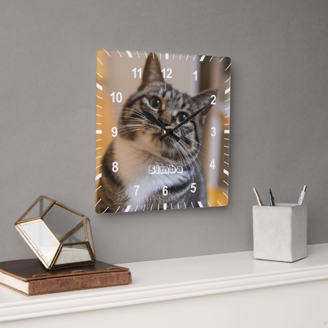 Personlig Pet Cat Hund Photo Namn Fyrkantig Klocka (Kontor)