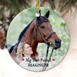 Personlig Pet Horse Lover mitt bästa vänfoto Julgransprydnad Keramik<br><div class="desc">Firar din bästa vän med en personlig fotominnesstund eller keepsaké. Anpassa med dina egna foton och namn. Hästprydnaden är perfekt för en riddarkeepsaké, och hästar christmas prydent är dubbla sided, du kan göra 2 favoritfoton, en på vardera sidan. Anpassa namn på framsidan och data på baksidan. COPYRIGHT © 2020 Judy...</div>