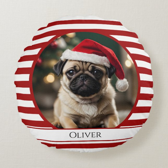 Personlig Pet Photo Candy cane Red Rand Rund Kudde (Framsidan)
