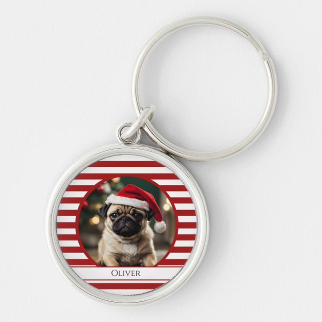 Personlig Pet Photo Candy cane Red Rand Rund Silverfärgad Nyckelring (Framsidan)