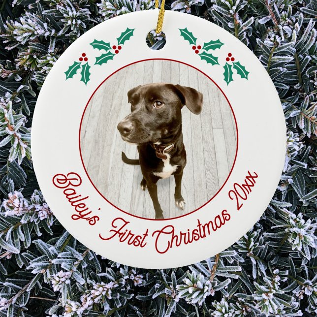 Personlig Pet Puppy Hund Första julfoto Julgransprydnad Keramik (Pet dog puppy photo personalized first Christmas name and date ornament with custom text )