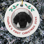 Personlig Pet Puppy Hund Första julfoto Julgransprydnad Keramik<br><div class="desc">Gratulera till valpens första jul med den här charmerande personligens fotodekoration. Lägg till ett eget foto och ändra texten som du vill anpassa. Med söt holly-stift och modern text i festive red visas ditt favoritfoto av din valp eller hund på ett vackert sätt, och det skapar som en perfekt för...</div>
