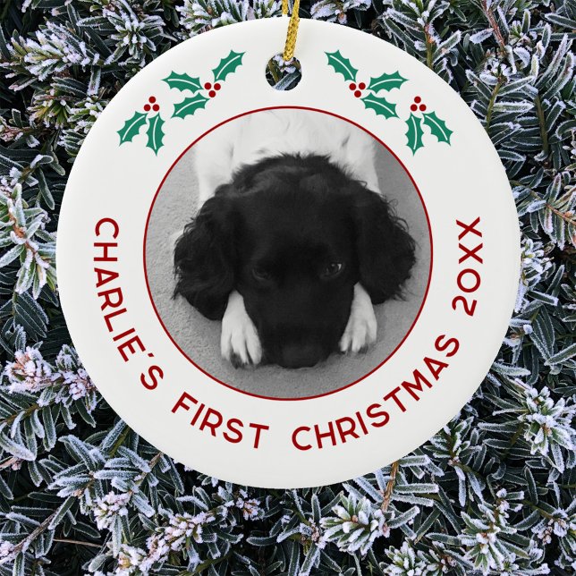 Personlig Pet Puppy Hund Första julfoto Julgransprydnad Keramik (Personalized puppy dog first Christmas photo ornament)