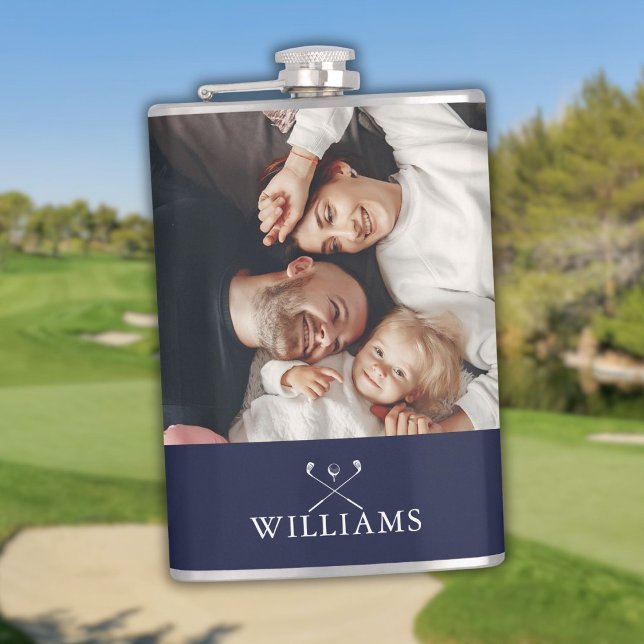 Personlig Photo and Namn Golf Klubbs Navy Blue Fickplunta (Personalized Photo And Name Golf Clubs Navy Blue Flask)
