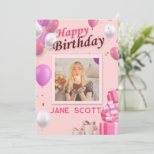 Personlig Photo and Namn Rosa Balloon Birthday Tack Kort