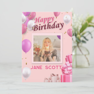 Personlig Photo and Namn Rosa Balloon Birthday Tack Kort
