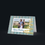 Personlig Photo Beach-julhälsningskort Helgkort<br><div class="desc">Personlig Photo Beach-gratulationskortet för julhälsning har en stiliserad gyllene Julgran och blå bakgrund. Det här kortet är anpassade så att du kan lägga till ett eget familjefoto. Snyggten,  den moderna texten är också anpassadet så att du kan lägga till ditt eget personlig och namn i familjen.</div>