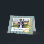 Personlig Photo Beach-julhälsningskort Helgkort<br><div class="desc">Personlig Photo Beach-gratulationskortet för julhälsning har en stiliserad gyllene Julgran och blå bakgrund. Det här kortet är anpassade så att du kan lägga till ett eget familjefoto. Snyggten,  den moderna texten är också anpassadet så att du kan lägga till ditt eget personlig och namn i familjen.</div>