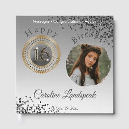 Personlig Photo Black Glitter Sweet 16 Birthday Gästböcker