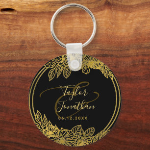Personlig Photo Black Guld Flowers Chic Bröllop Nyckelring