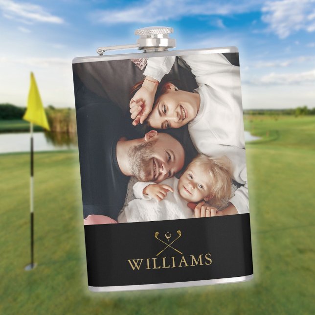 Personlig Photo Black och Guld Golf Klubbar Fickplunta (Personalized Photo Black And Gold Golf Clubs Flask)