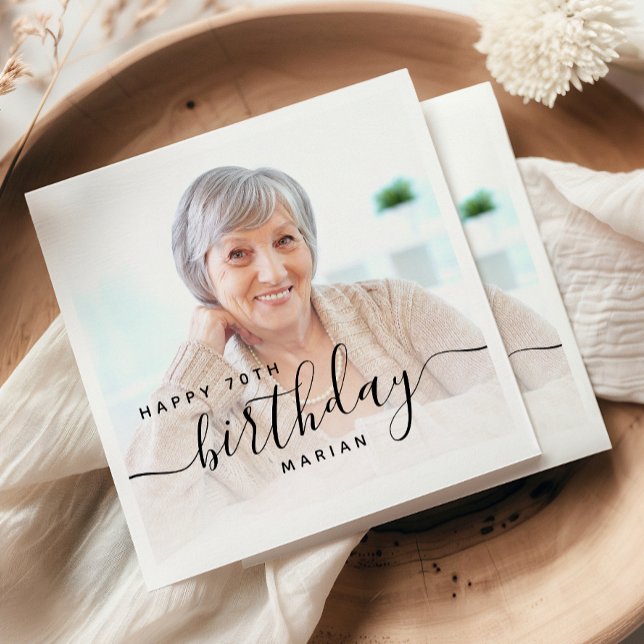 Personlig Photo Black Script 70:e födelsedagen Pappersservett (Skapare uppladdad)
